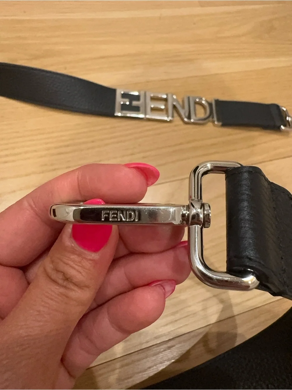 Fendi Black Leather Adjustable bag Strap with Silver Logo Letters